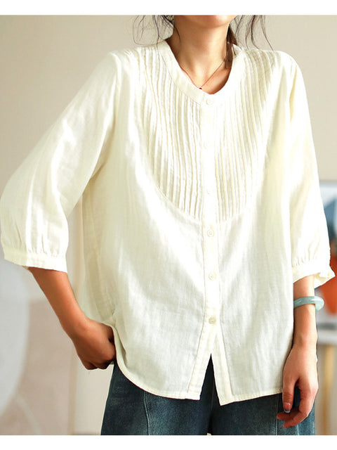 Women's Pleated Cotton and Linen Casual Shirt