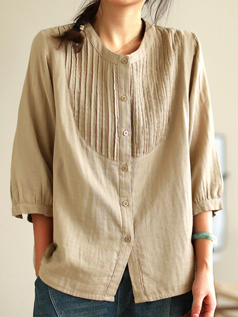 Women's Pleated Cotton and Linen Casual Shirt