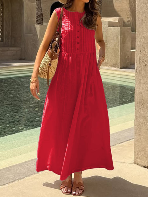 Women's Pleated Sleeveless Cotton and Linen Dress