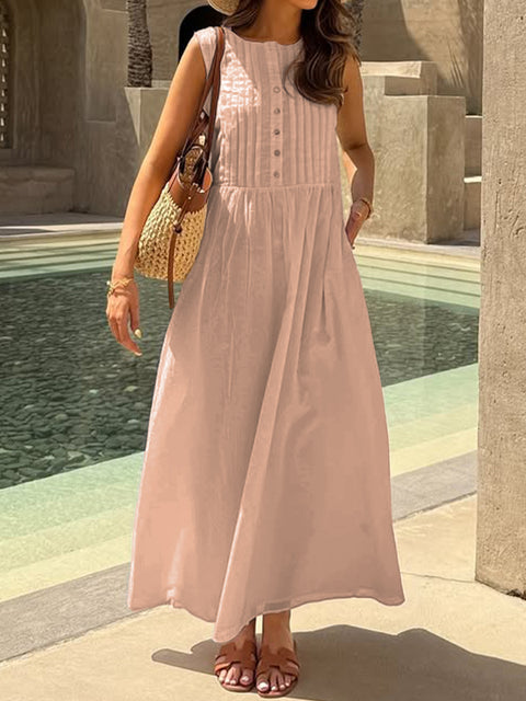 Women's Pleated Sleeveless Cotton and Linen Dress