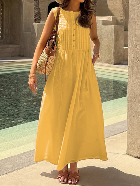 Women's Pleated Sleeveless Cotton and Linen Dress