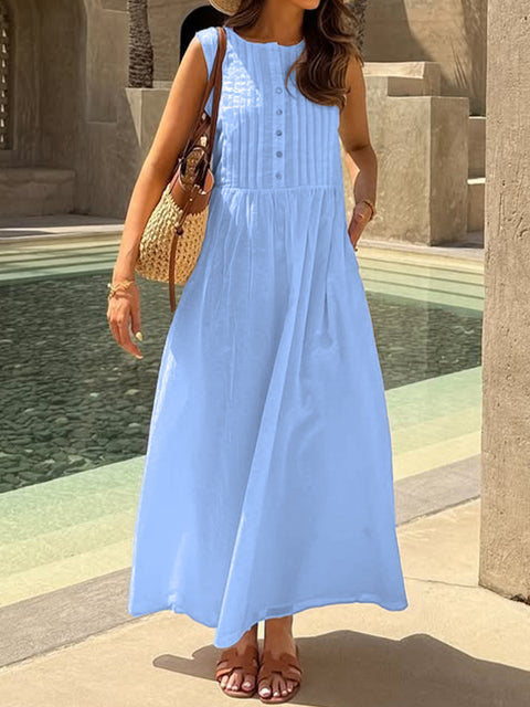 Women's Pleated Sleeveless Cotton and Linen Dress