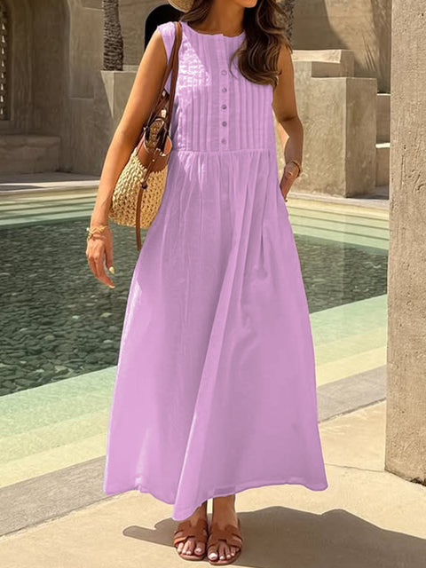 Women's Pleated Sleeveless Cotton and Linen Dress