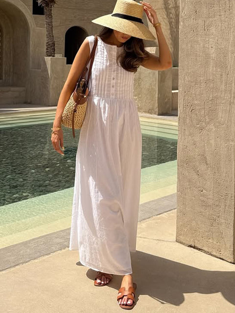 Women's Pleated Sleeveless Cotton and Linen Dress