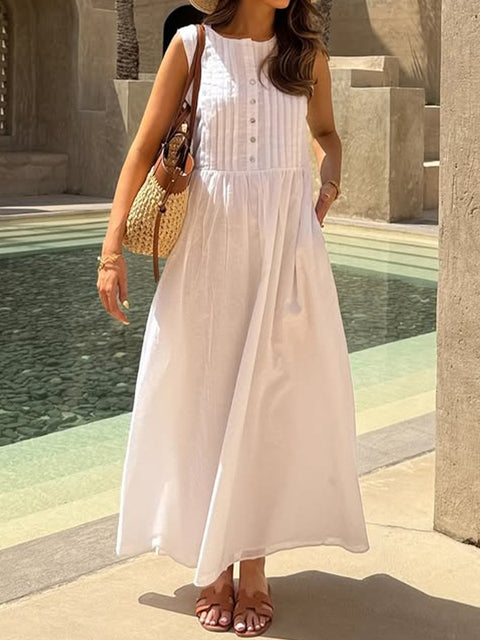 Women's Pleated Sleeveless Cotton and Linen Dress