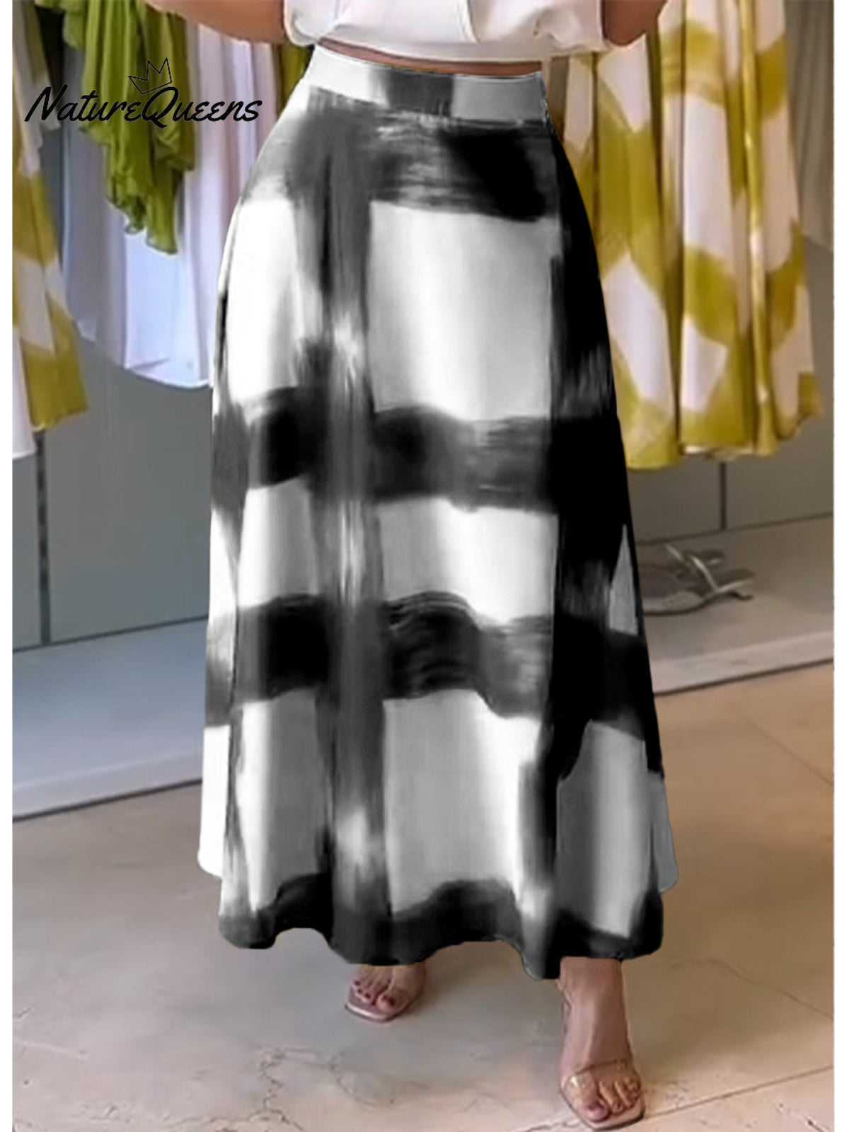 Women's Brushstroke Print Cotton and Linen Skirt