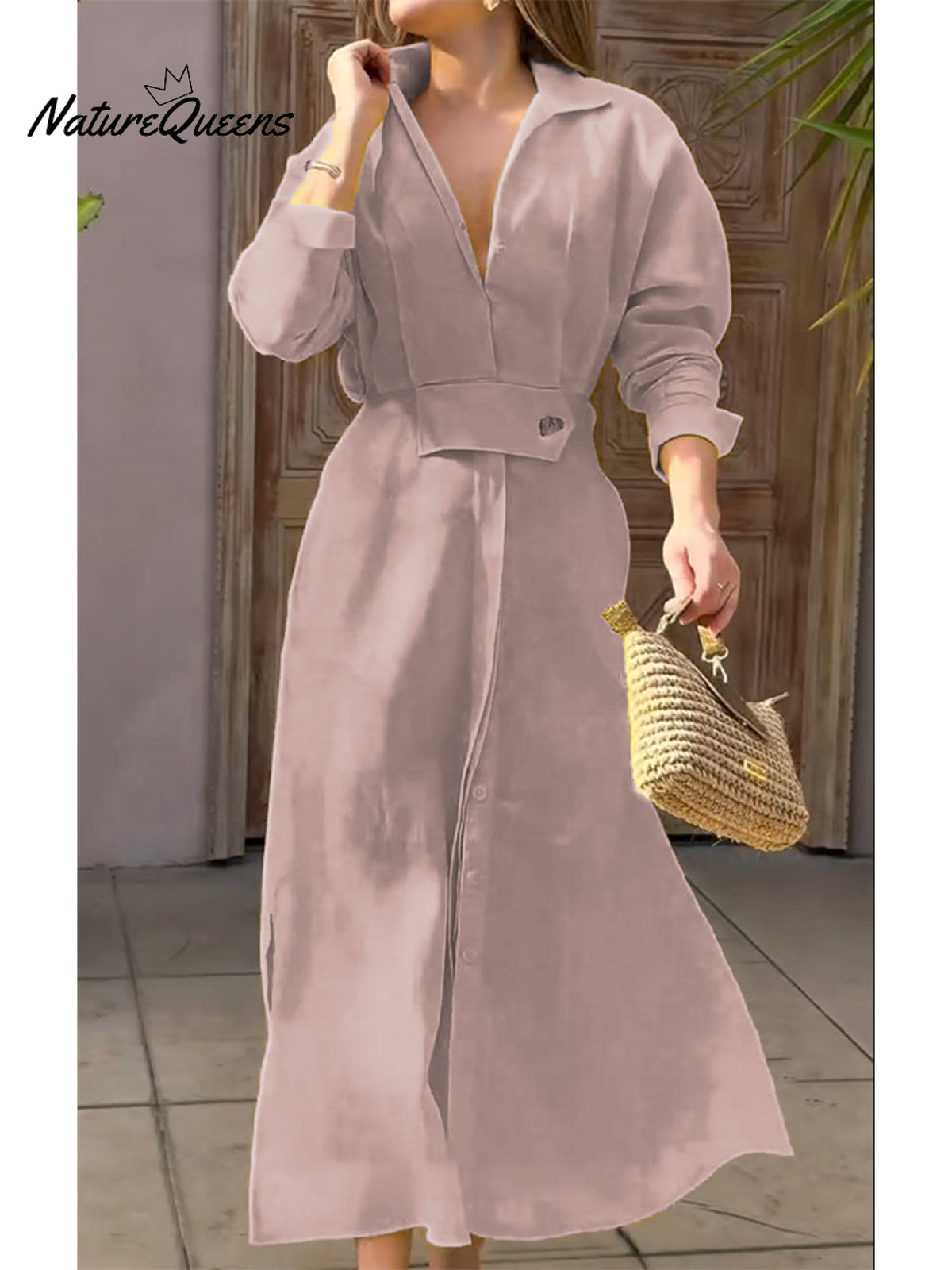 Women's Waisted Linen Cotton Long Sleeve Dress