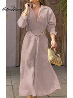 Women's Waisted Linen Cotton Long Sleeve Dress