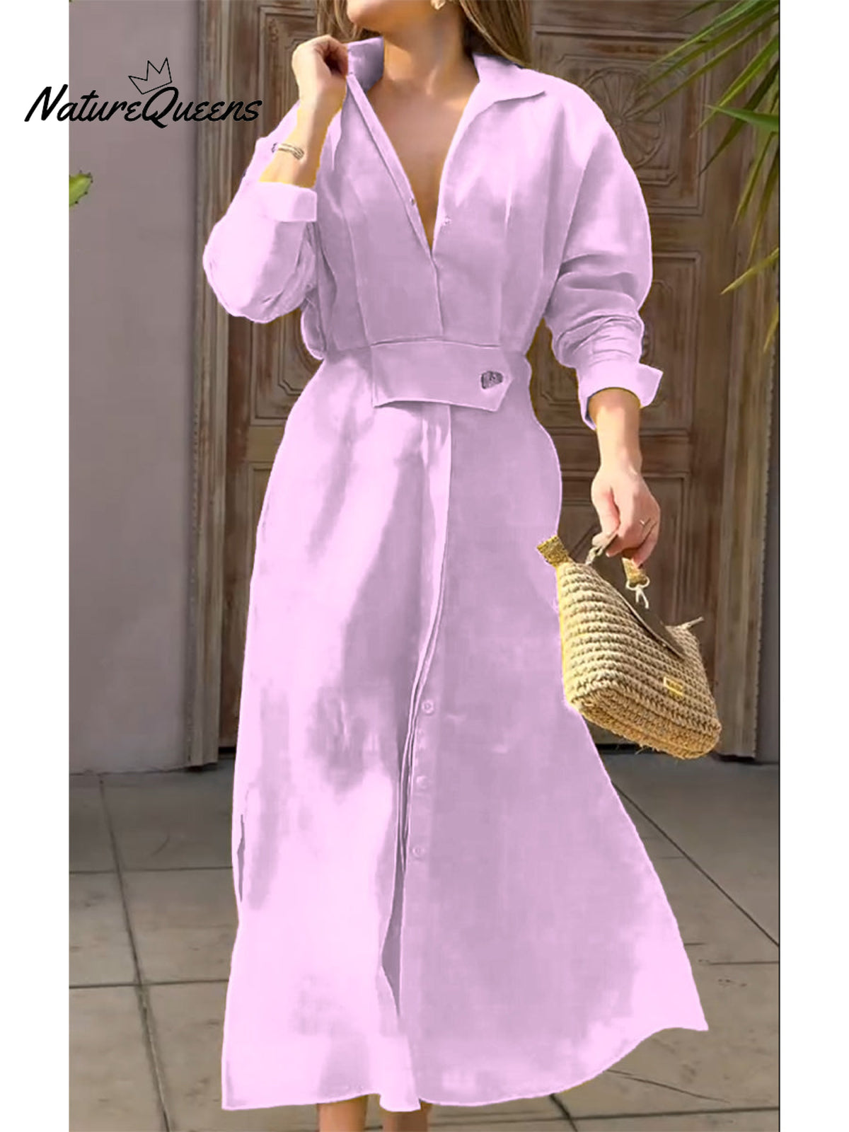 Women's Waisted Linen Cotton Long Sleeve Dress