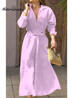 Women's Waisted Linen Cotton Long Sleeve Dress