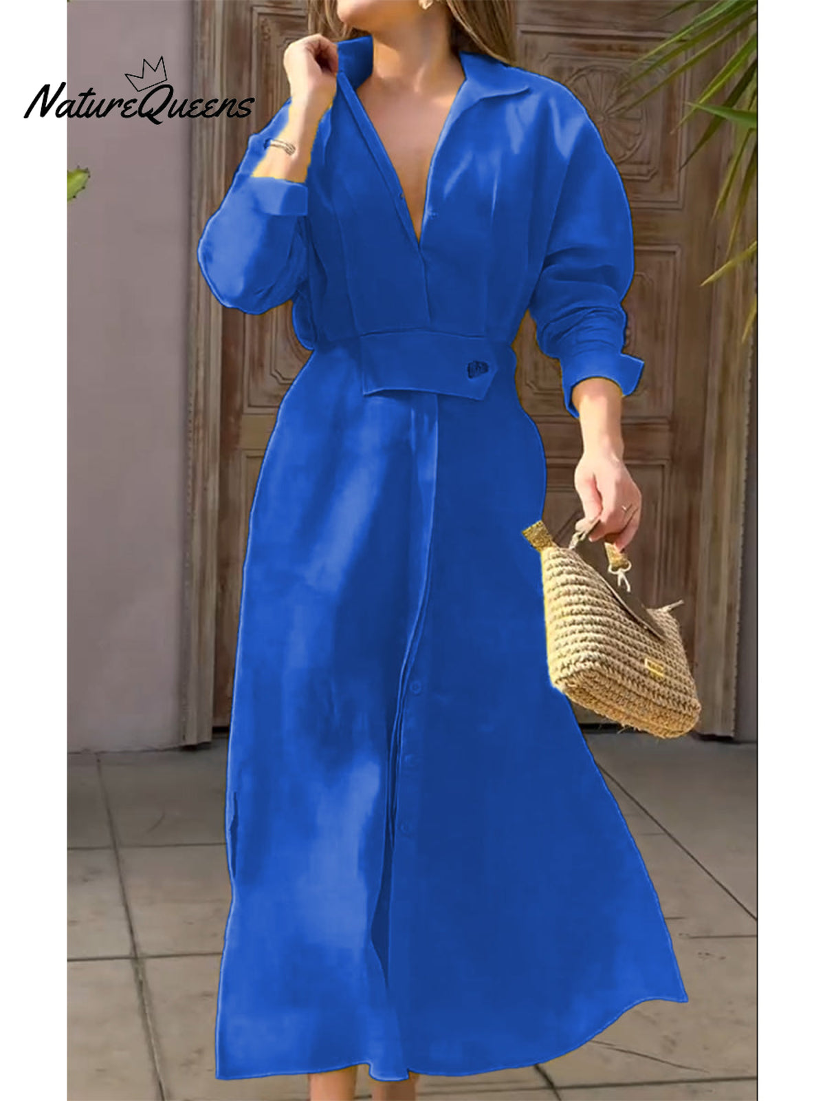 Women's Waisted Linen Cotton Long Sleeve Dress