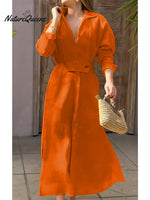 Women's Waisted Linen Cotton Long Sleeve Dress