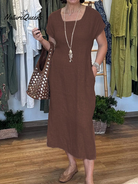 Women's Cotton and Linen U-neck Short Sleeve Lace-up Dress