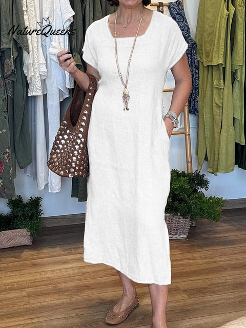 Women's Cotton and Linen U-neck Short Sleeve Lace-up Dress