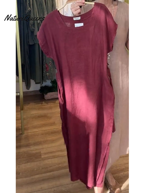 Women's Cotton and Linen U-neck Short Sleeve Lace-up Dress