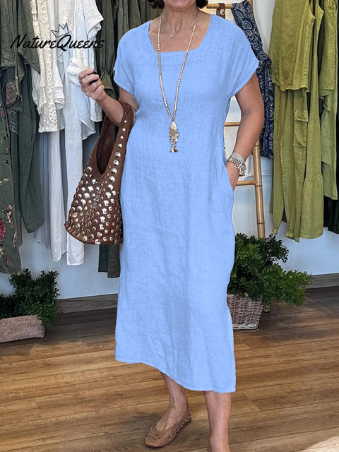 Women's Cotton and Linen U-neck Short Sleeve Lace-up Dress