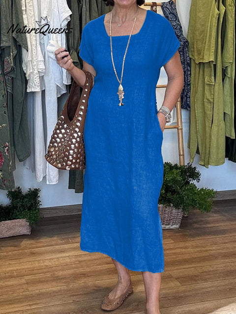 Women's Cotton and Linen U-neck Short Sleeve Lace-up Dress