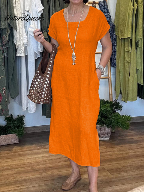Women's Cotton and Linen U-neck Short Sleeve Lace-up Dress