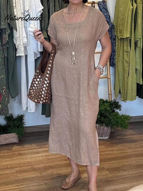 Women's Cotton and Linen U-neck Short Sleeve Lace-up Dress