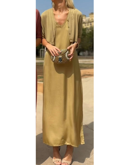 Women's Cozy Knitted Short Cardigan and Satin Sleeveless Dress Two-piece Set