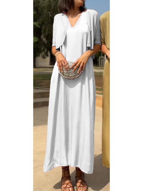 Women's Cozy Knitted Short Cardigan and Satin Sleeveless Dress Two-piece Set