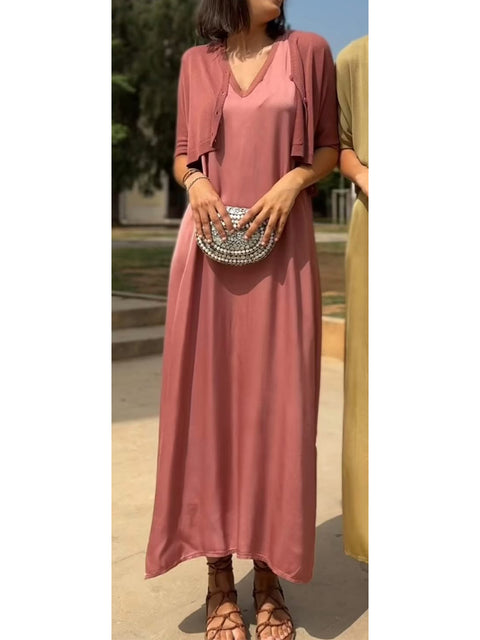 Women's Cozy Knitted Short Cardigan and Satin Sleeveless Dress Two-piece Set