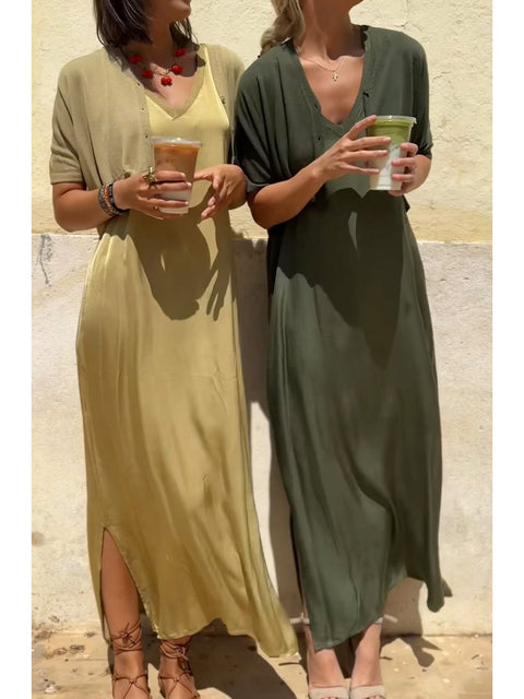 Women's Cozy Knitted Short Cardigan and Satin Sleeveless Dress Two-piece Set