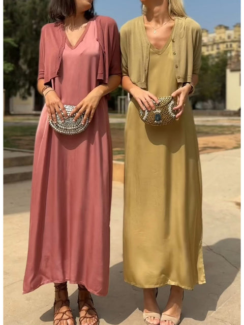 Women's Cozy Knitted Short Cardigan and Satin Sleeveless Dress Two-piece Set