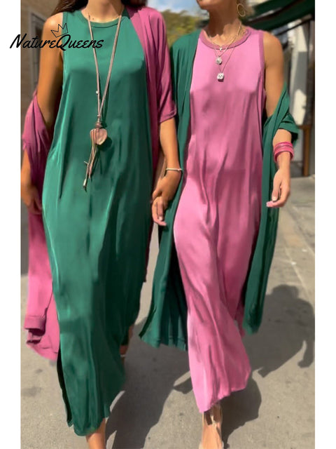 Women's Satin Midriff Cardigan and Sleeveless Dress Two-piece Set