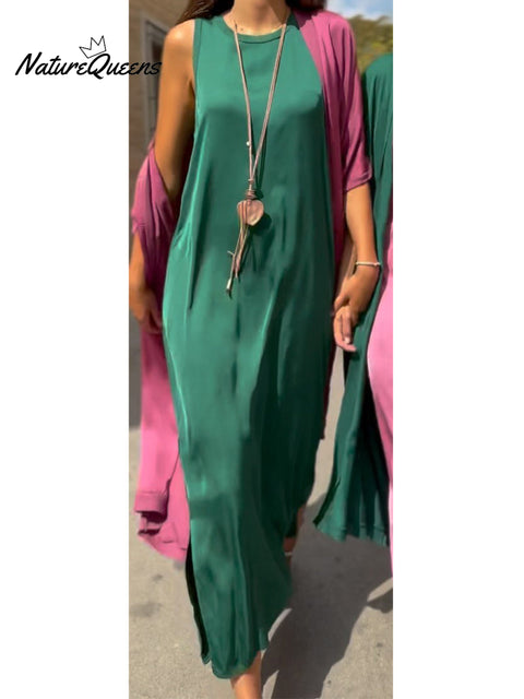 Women's Satin Midriff Cardigan and Sleeveless Dress Two-piece Set