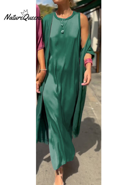 Women's Satin Midriff Cardigan and Sleeveless Dress Two-piece Set
