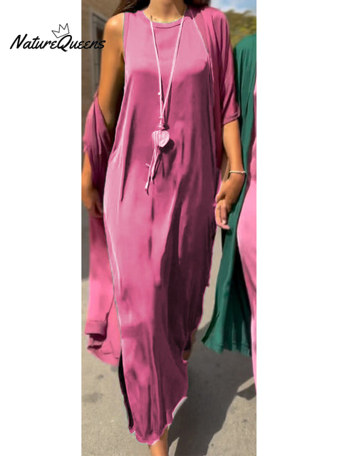 Women's Satin Midriff Cardigan and Sleeveless Dress Two-piece Set