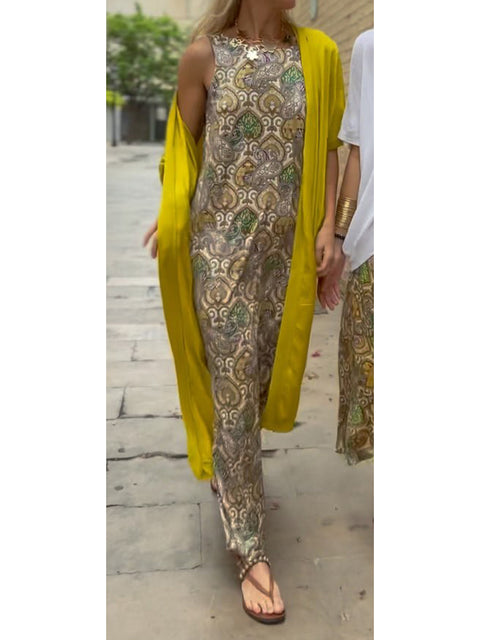 Women's Satin Midriff Cardigan and Floral Print Sleeveless Dress Two-piece Set