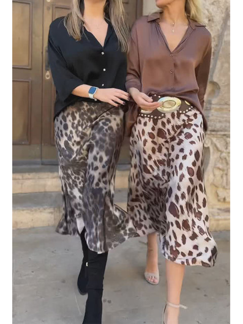Women's Satin Comfort Shirt and Leopard Print Skirt 2-Piece Set