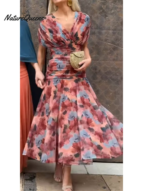 Women's Elegant Mesh Floral Printed Boutonniere Dress
