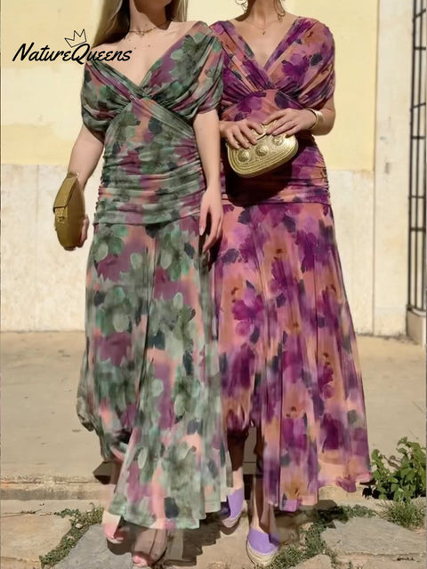 Women's Elegant Mesh Floral Printed Boutonniere Dress