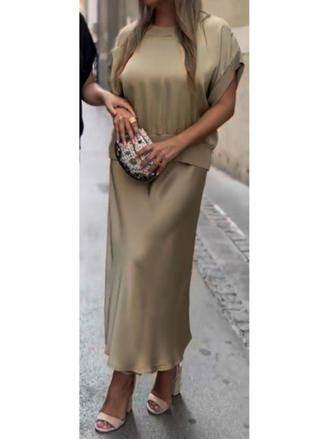 Women's Flowy Satin Crewneck Top and Skirt 2-Piece Set