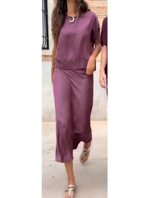 Women's Flowy Satin Crewneck Top and Skirt 2-Piece Set