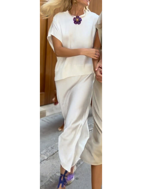 Women's Flowy Satin Crewneck Top and Skirt 2-Piece Set