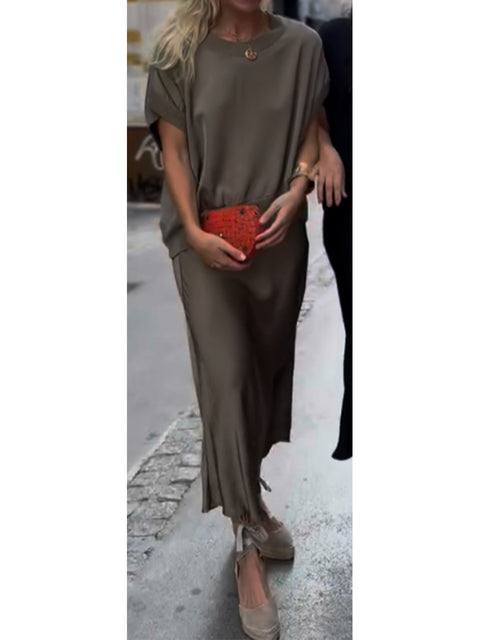 Women's Flowy Satin Crewneck Top and Skirt 2-Piece Set