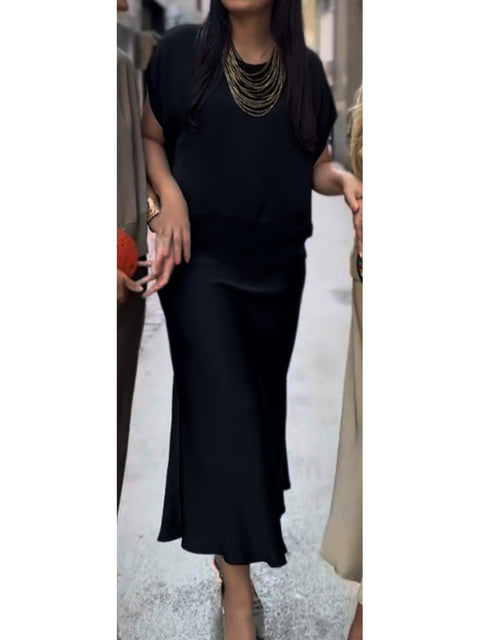Women's Flowy Satin Crewneck Top and Skirt 2-Piece Set