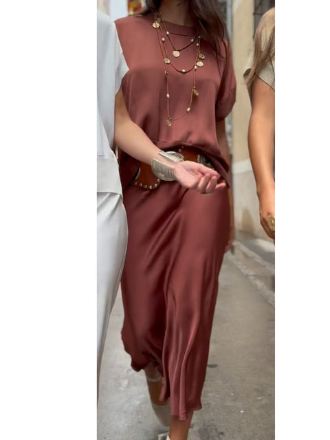 Women's Flowy Satin Crewneck Top and Skirt 2-Piece Set