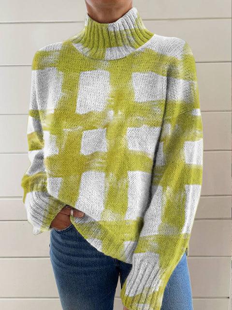 Women's Brushstroke Art Print Knit Turtleneck Pullover Sweater