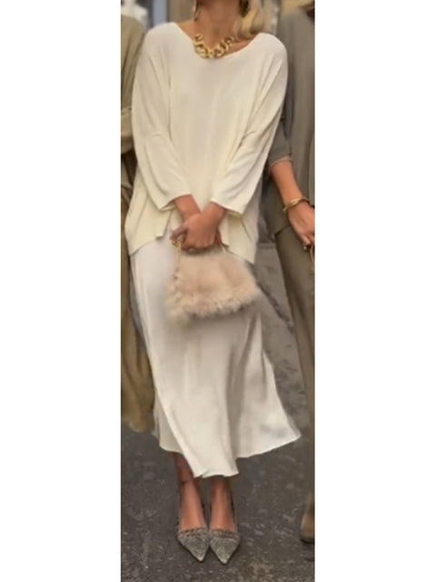 Women's Loose V-neck Knit Top and Satin Skirt Two-piece Set