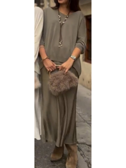 Women's Loose V-neck Knit Top and Satin Skirt Two-piece Set