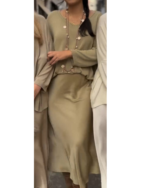 Women's Loose V-neck Knit Top and Satin Skirt Two-piece Set