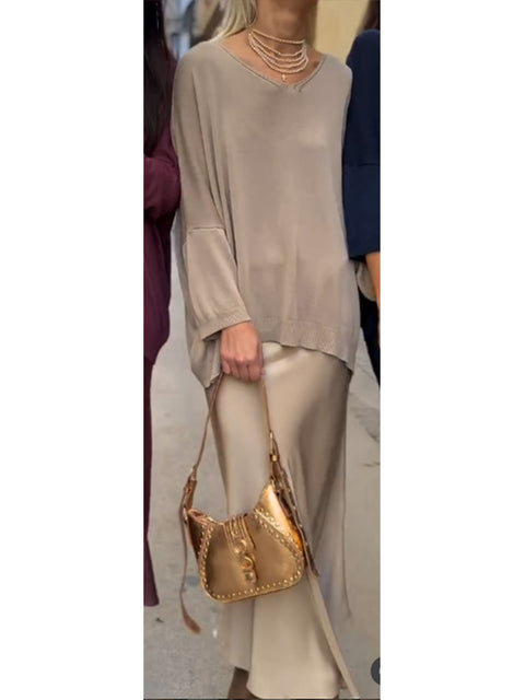 Women's Loose V-neck Knit Top and Satin Skirt Two-piece Set