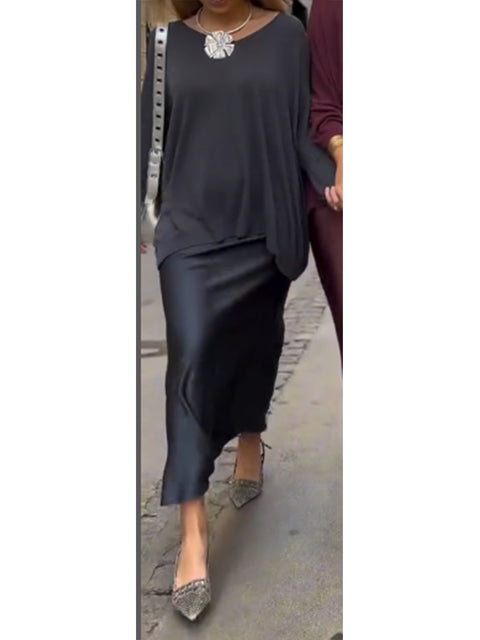 Women's Loose V-neck Knit Top and Satin Skirt Two-piece Set