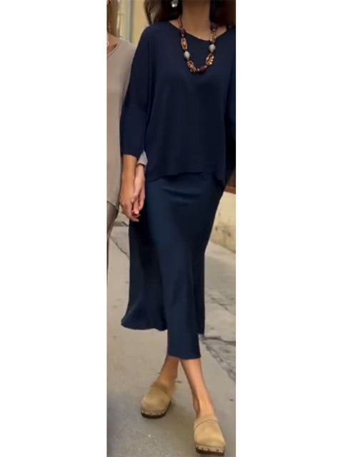 Women's Loose V-neck Knit Top and Satin Skirt Two-piece Set