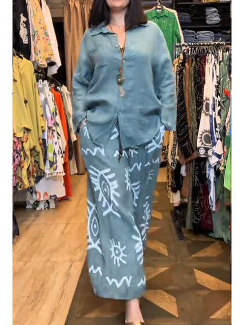 Women's Casual Cotton and Linen Long-sleeved Shirt and Art Print Pants Two-piece Set